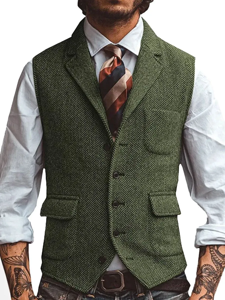 3-Pocket Lapel Herringbone Casual Vest