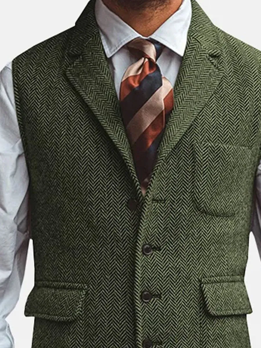 3-Pocket Lapel Herringbone Casual Vest