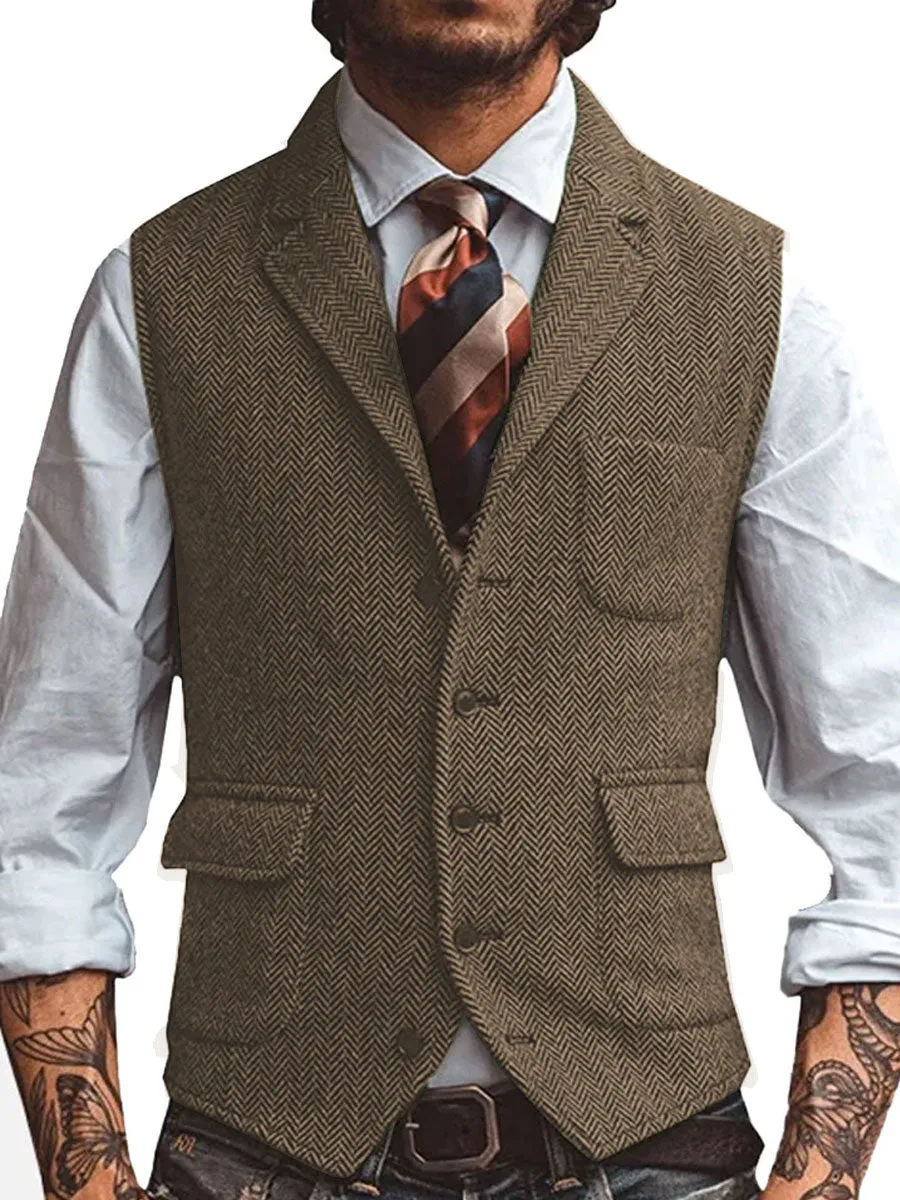 3-Pocket Lapel Herringbone Casual Vest