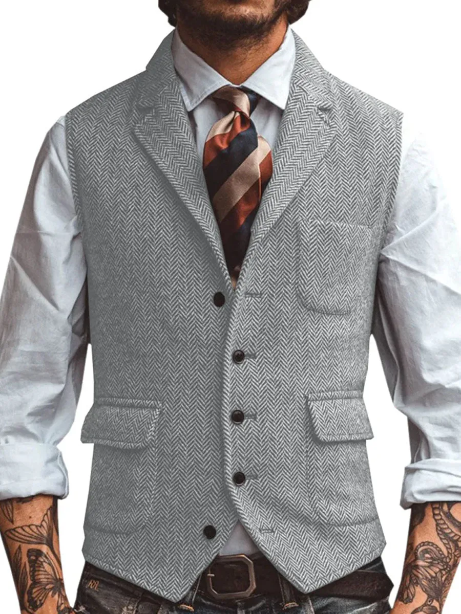 3-Pocket Lapel Herringbone Casual Vest