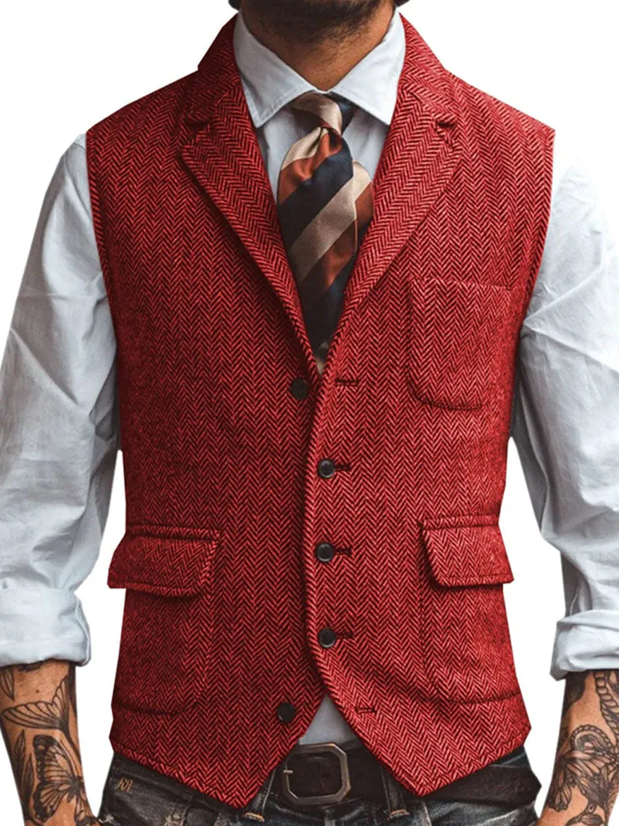 3-Pocket Lapel Herringbone Casual Vest