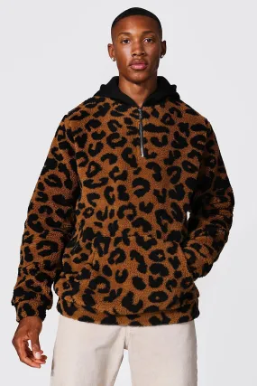 Animal Print Borg Zip Neck Hoodie | boohooMAN UK