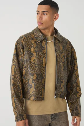 Boxy Snake PU Harrington Jacket In Brown