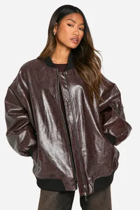 Cracked Faux Leather Oversized Bomber Jacket