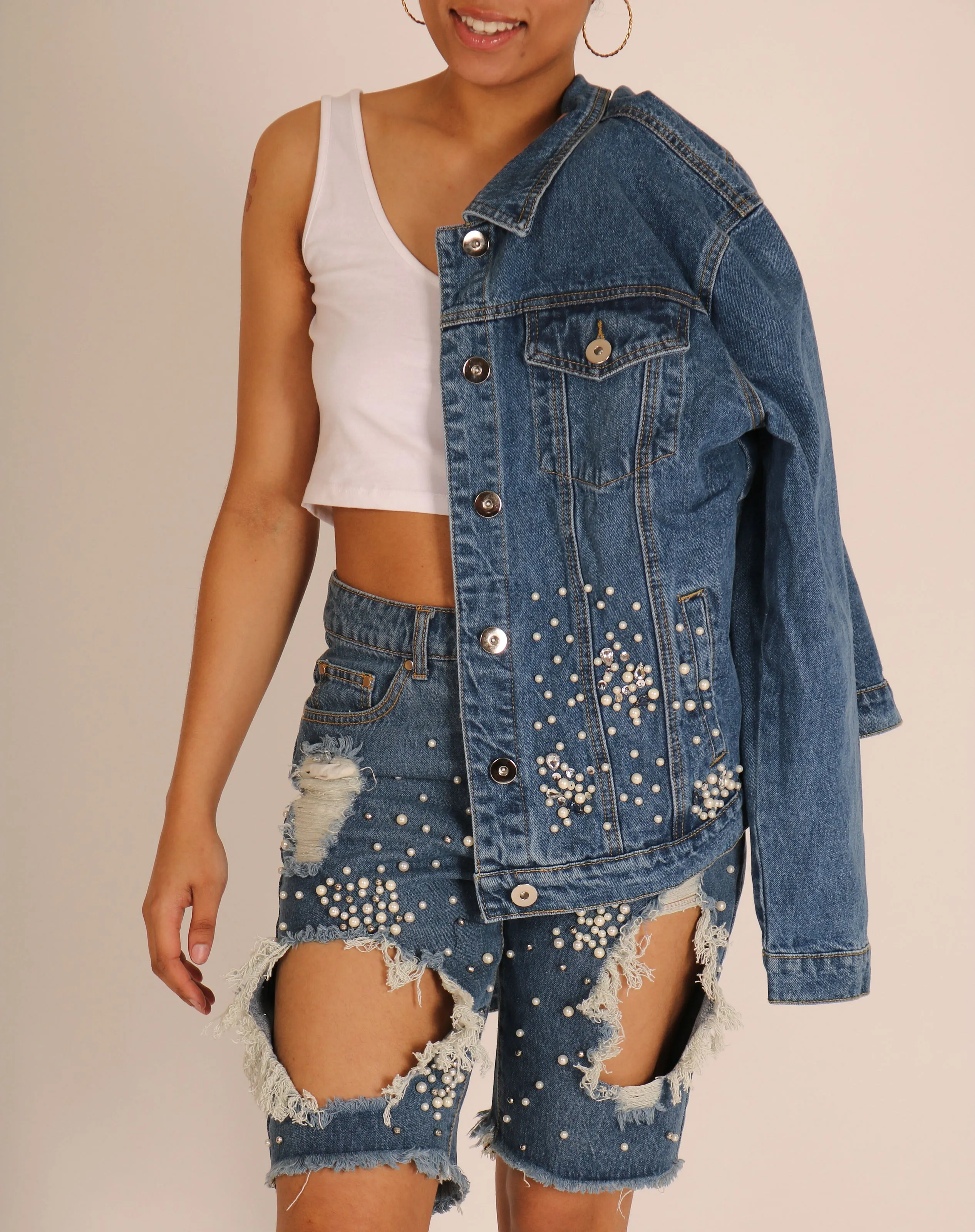 Denim Jacket With All Over Embellishment