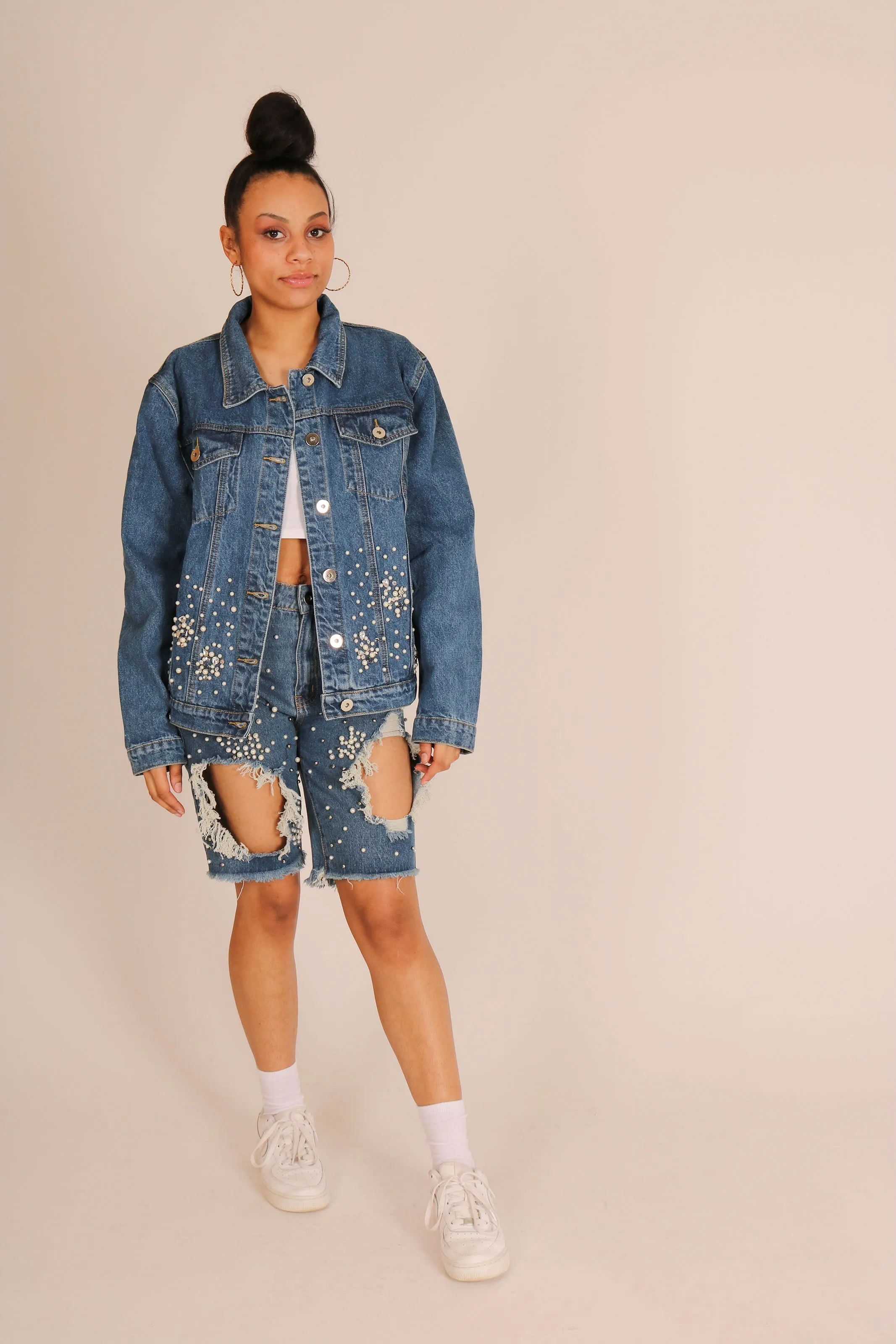 Denim Jacket With All Over Embellishment