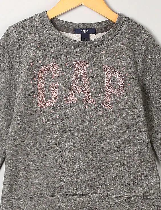 GAP Girls Grey Glitter Logo Crew Pullover