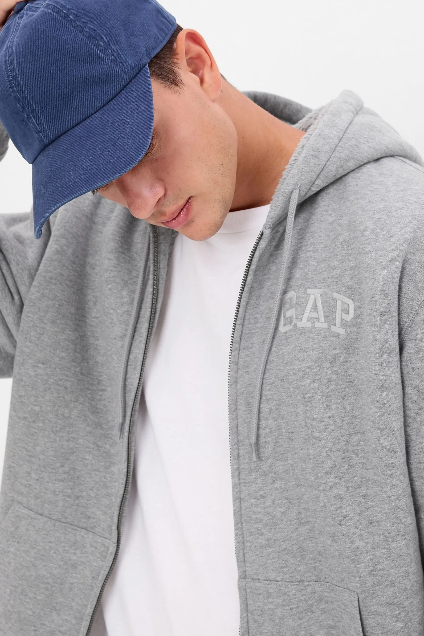 Light Grey Logo Zip Up Draw String Hoodie