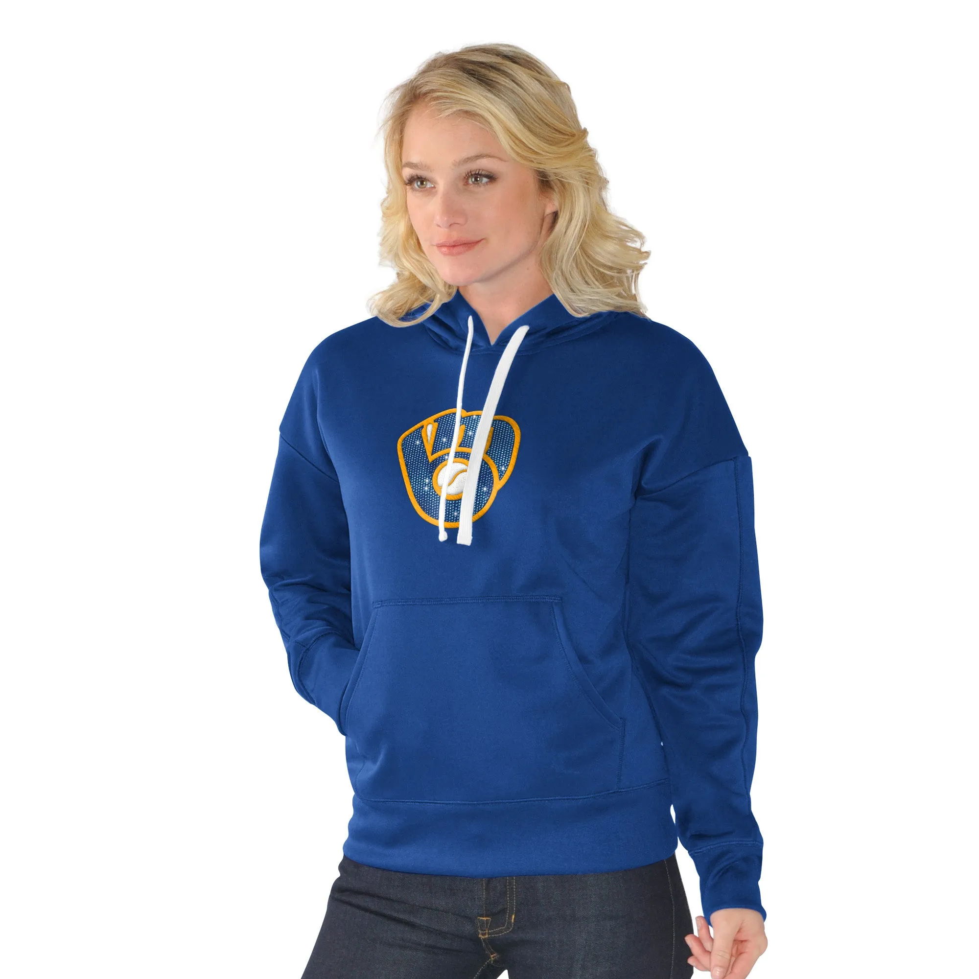 Milwaukee Brewers Glitter Throwback Logo Women's Pullover Hoodie, Blue