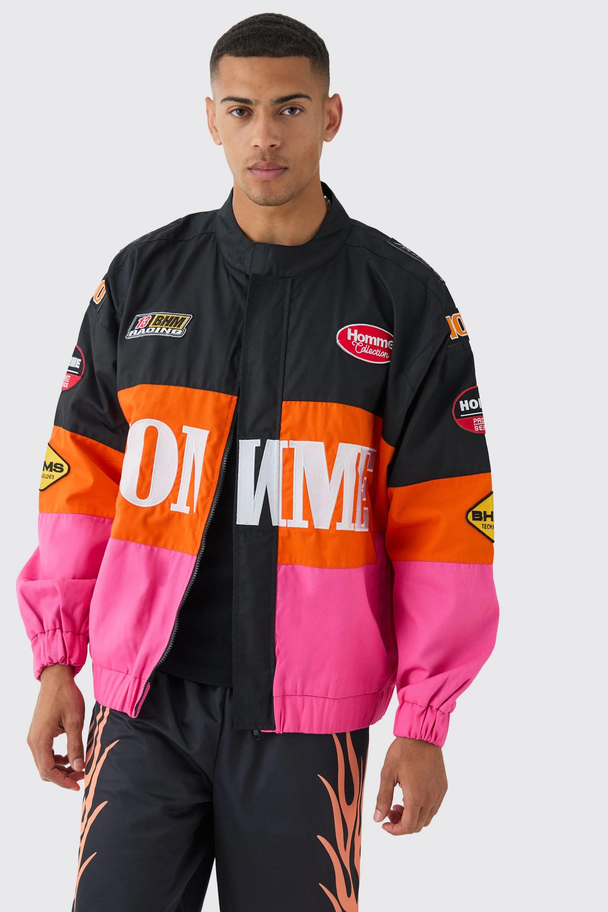 Oversized Homme Twill Moto Jacket In Pink