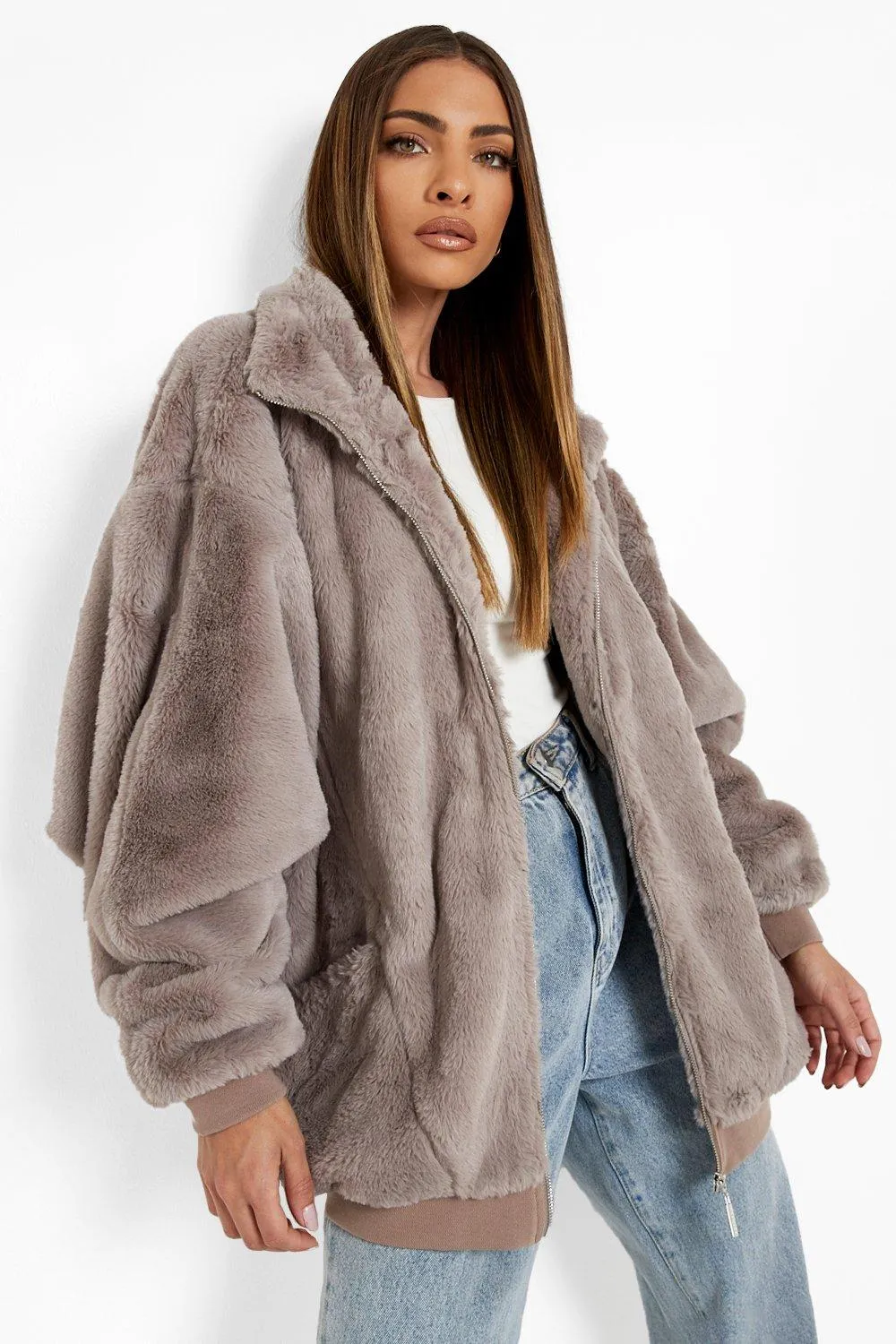 Oversized Pocket Detail Faux Fur Jacket