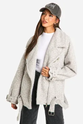 Textured Wool Look Oversized Belted Jacket