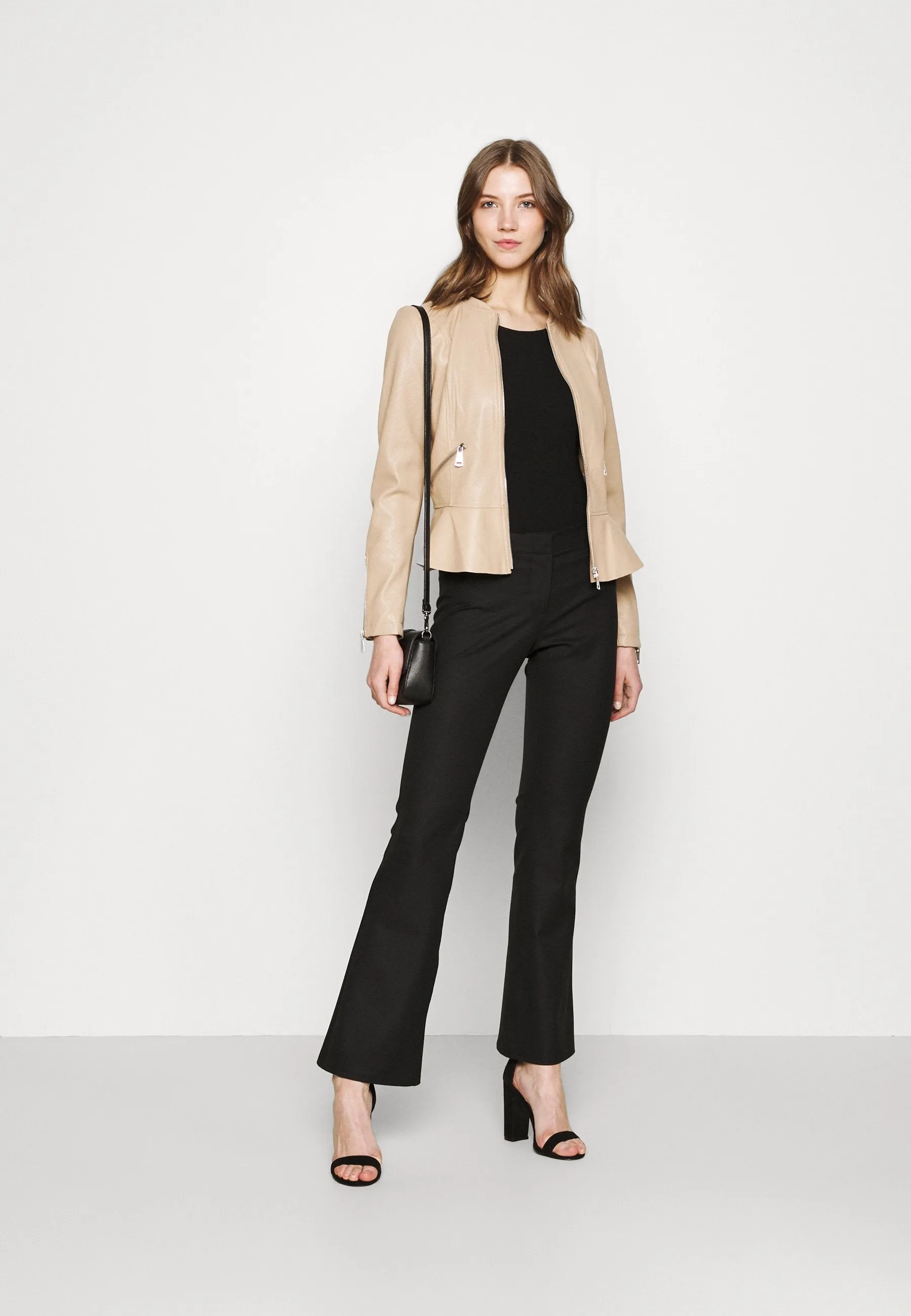 Women’s Beige Leather Crew Neck Jacket