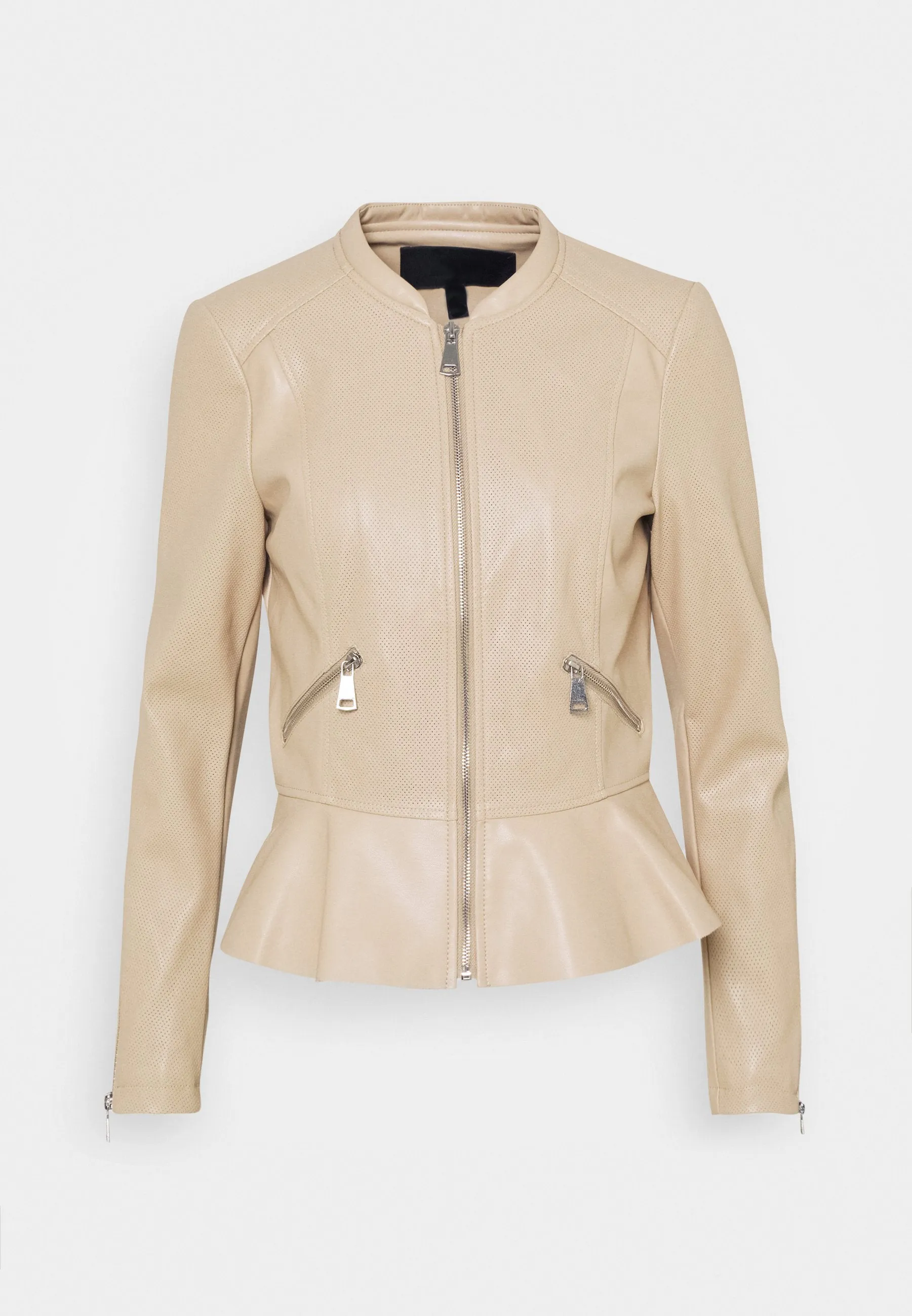 Women’s Beige Leather Crew Neck Jacket